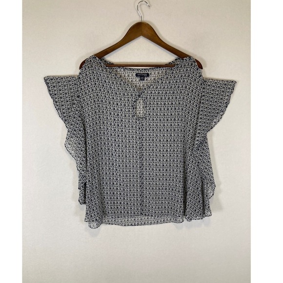 Max Edition Tops - Boho Max Edition Women XLP Navy White Geometric Flutter Cold Shoulder Blouse